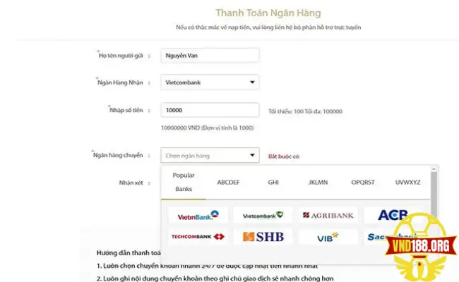 Hướng dẫn rút tiền Vnd188 qua ngân hàng